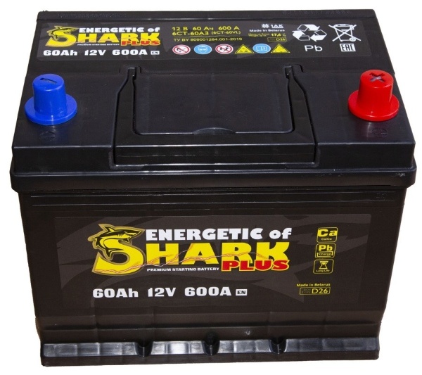 Батарея аккумуляторная ENERGETIC of SHARK ESPA603R 60А/ч 620А обратная полярн. выносные (Азия) клеммы