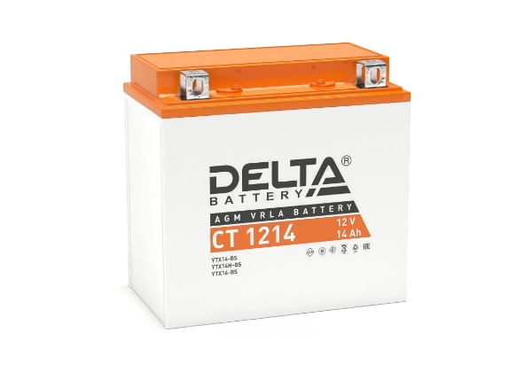 Батарея аккумуляторная DELTA Battery CT1214 мото AGM 14А/ч 200А 12V Прямая полярн. болтовые мото клеммы